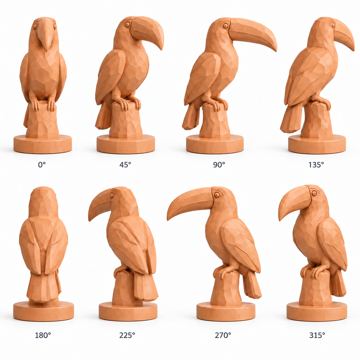 Apricot Perch, apricot fiberglass geometric toucan sculpture, eight-angle display on pure white background