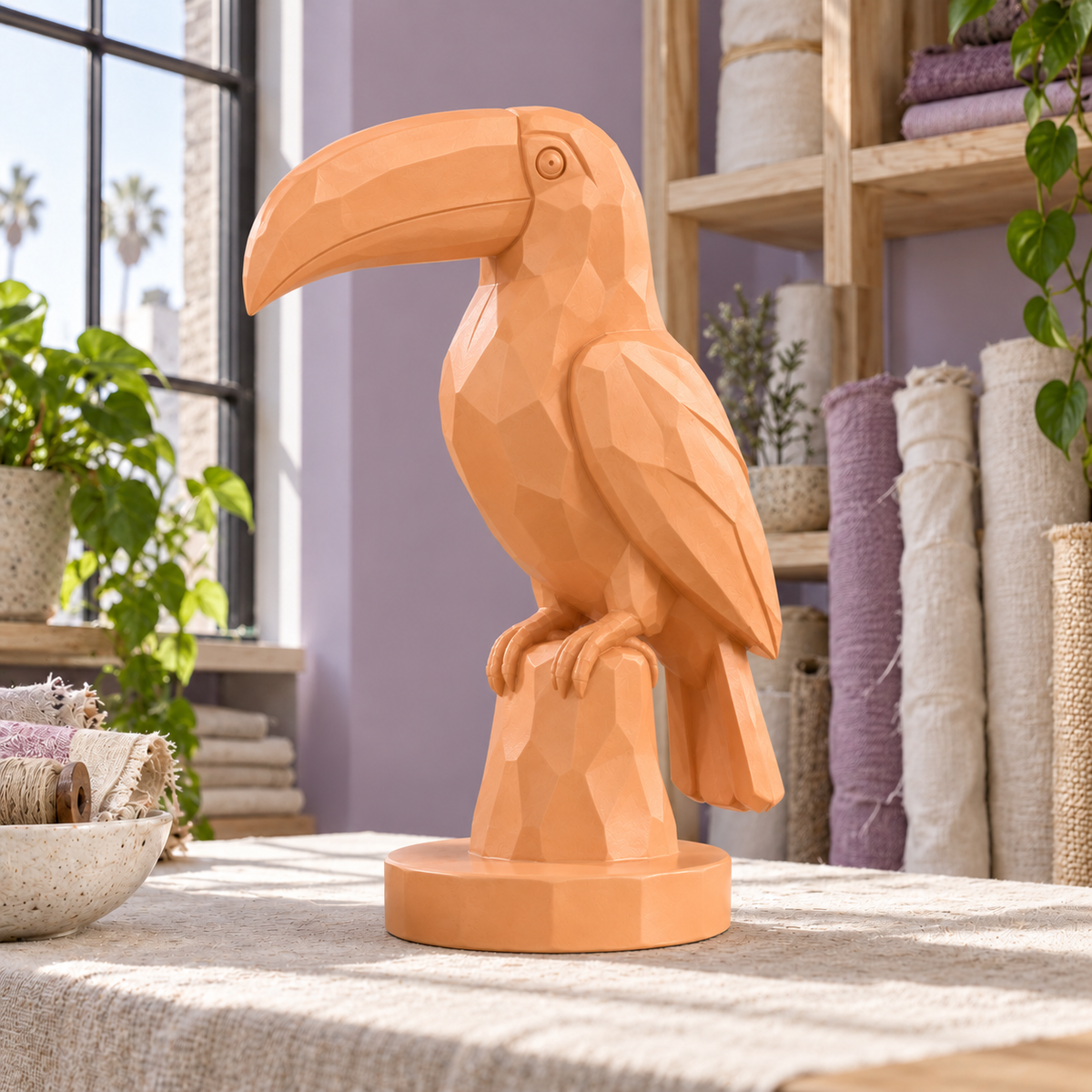 Apricot Perch, apricot fiberglass geometric toucan sculpture, front oblique view in Los Angeles textile studio lilac wall ash shelves linen rolls