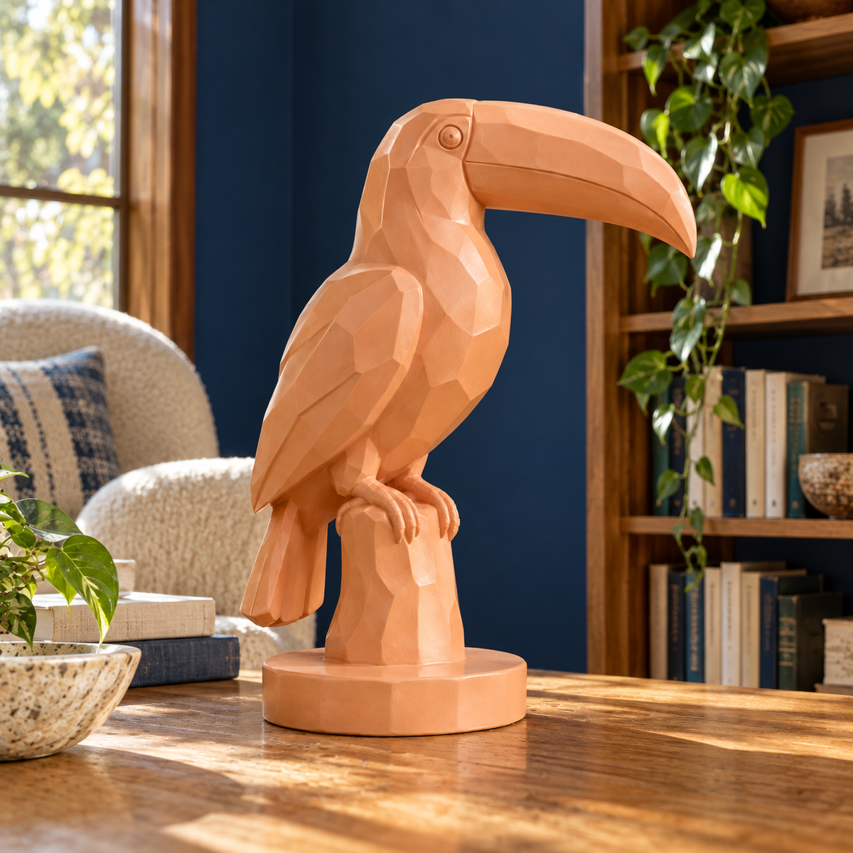 Apricot Perch, apricot fiberglass geometric toucan sculpture, side view in Austin reading room cobalt wall honey oak cream stool