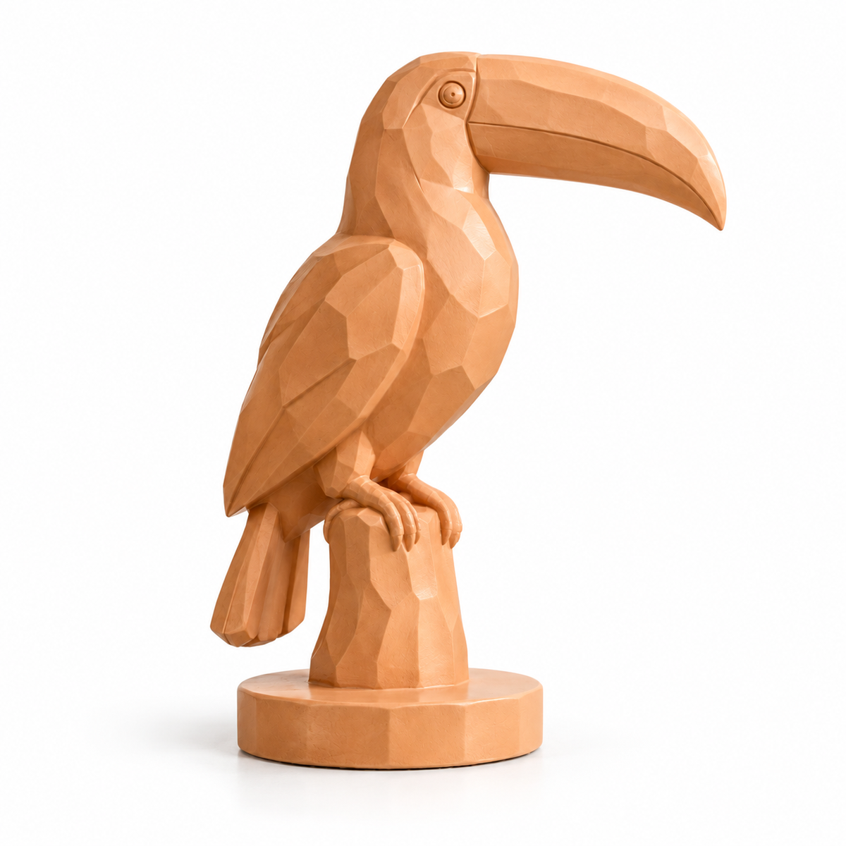 Apricot Perch, apricot fiberglass geometric toucan sculpture, isolated on pure white background