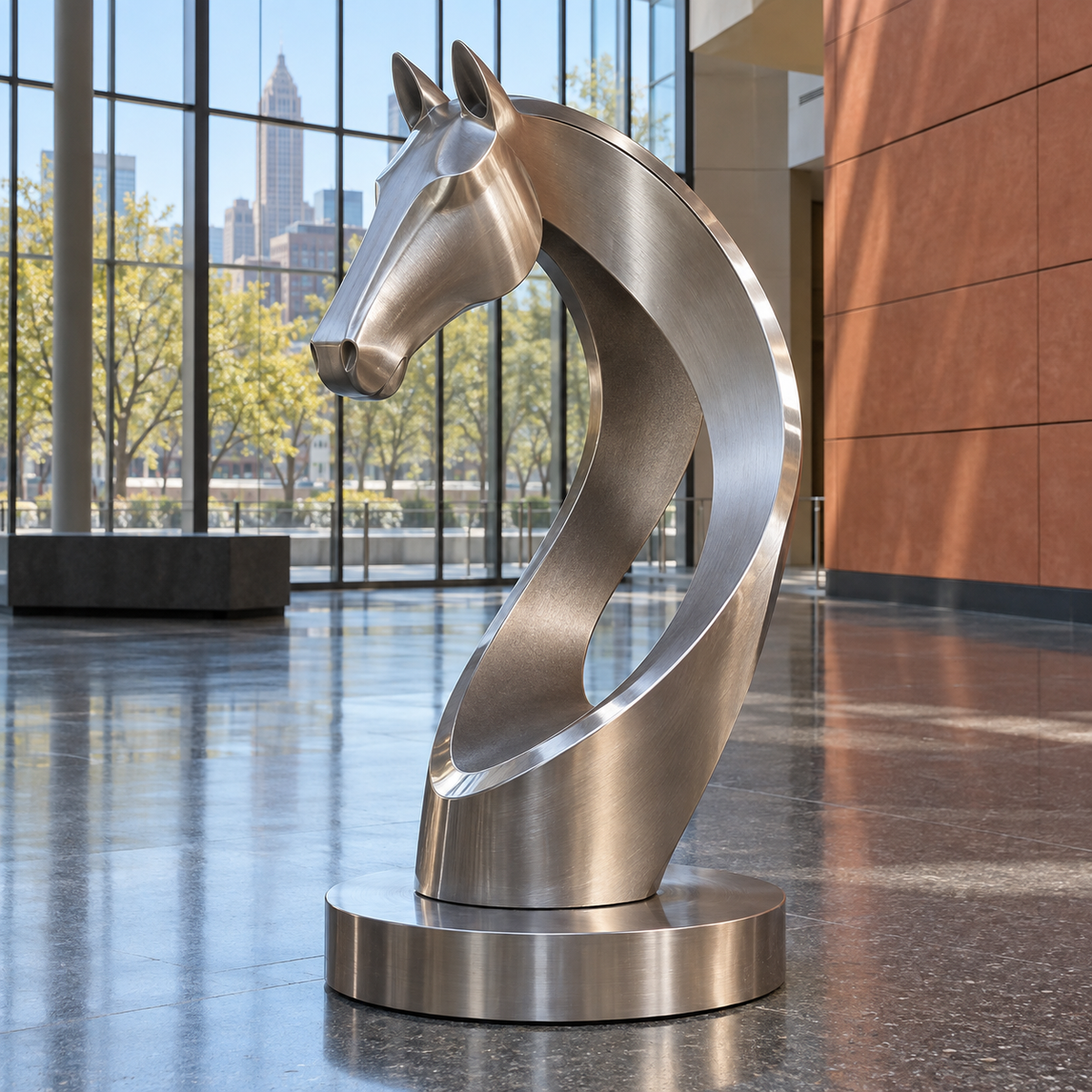 Arc of Resolve brushed stainless steel abstract horse bust sculpture in a Cleveland contemporary arts center glazed atrium, charcoal terrazzo, terracotta acoustic wall and distant honeylocust trees, diffuse skylight.