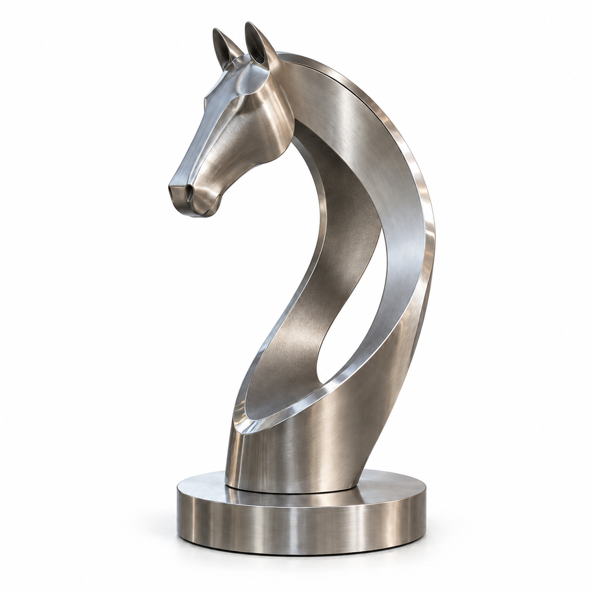 Arc of Resolve brushed stainless steel abstract horse bust sculpture and its integral base on a white background.