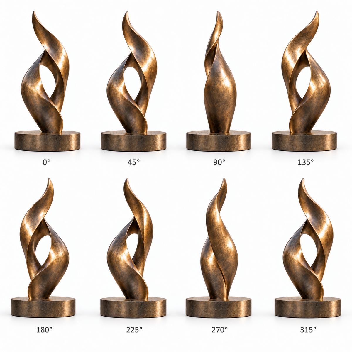 Ascending Ember bronze abstract flame sculpture shown from eight angles including front side and rear views in a complete 360-degree product presentation.