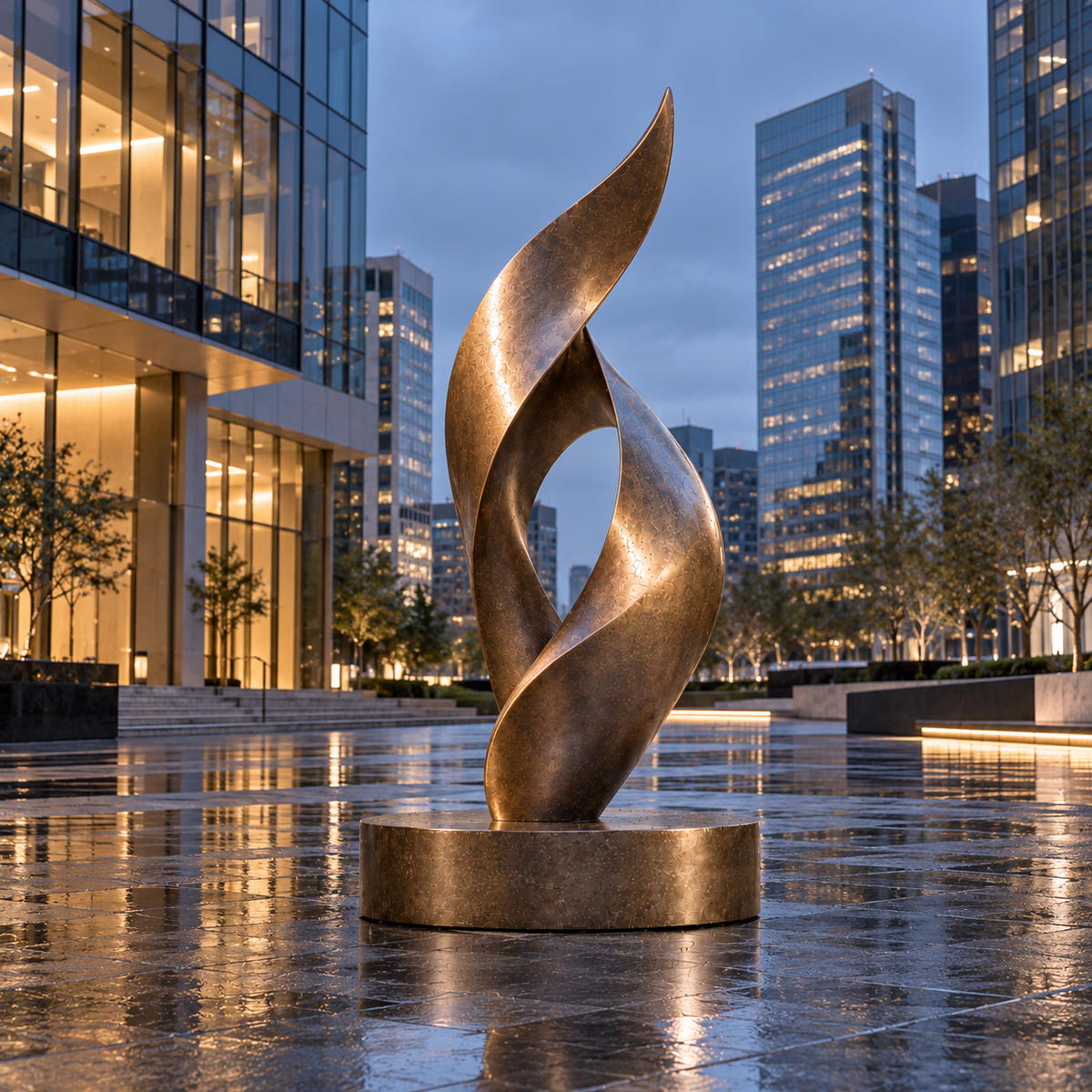 Ascending Ember Bronze Abstract Flame Sculpture displayed in a city plaza at dusk.