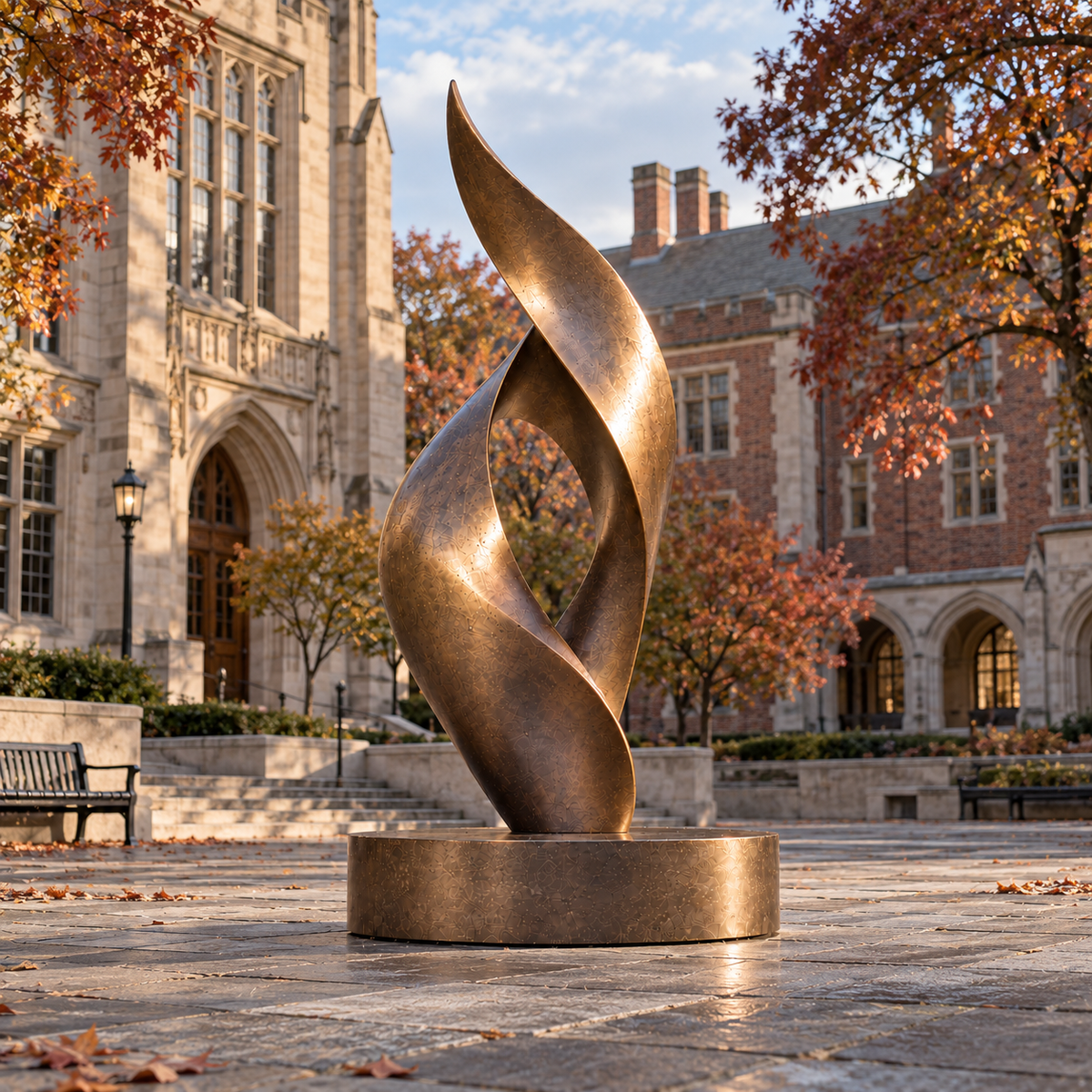 Ascending Ember Bronze Abstract Flame Sculpture displayed in a Gothic-style courtyard with autumn foliage.