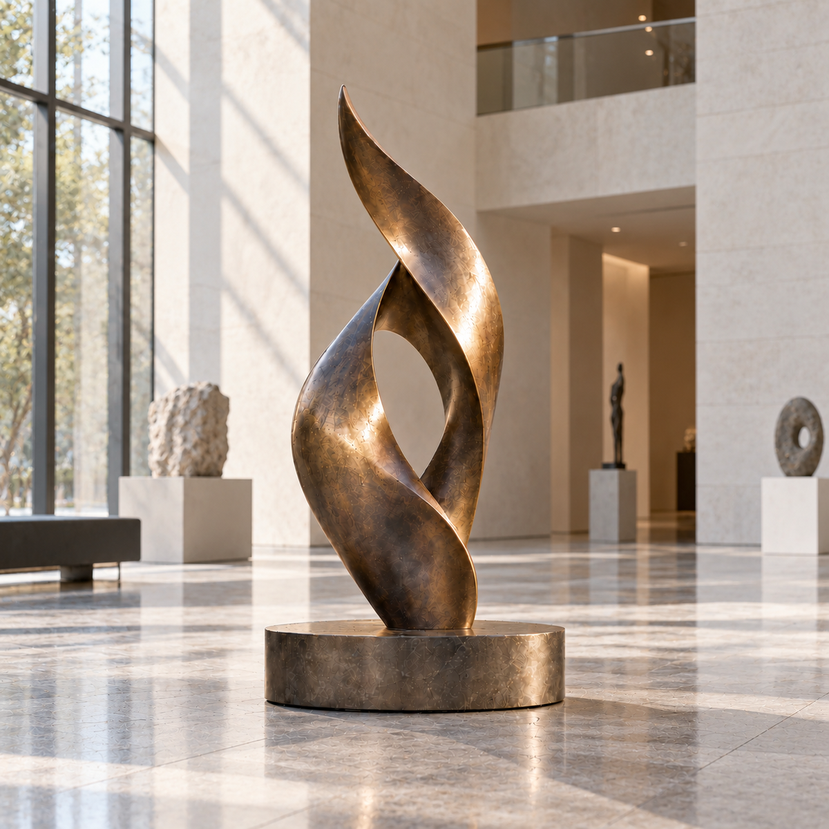 Ascending Ember bronze abstract flame sculpture displayed in a bright luxury contemporary gallery interior with natural architectural lighting.