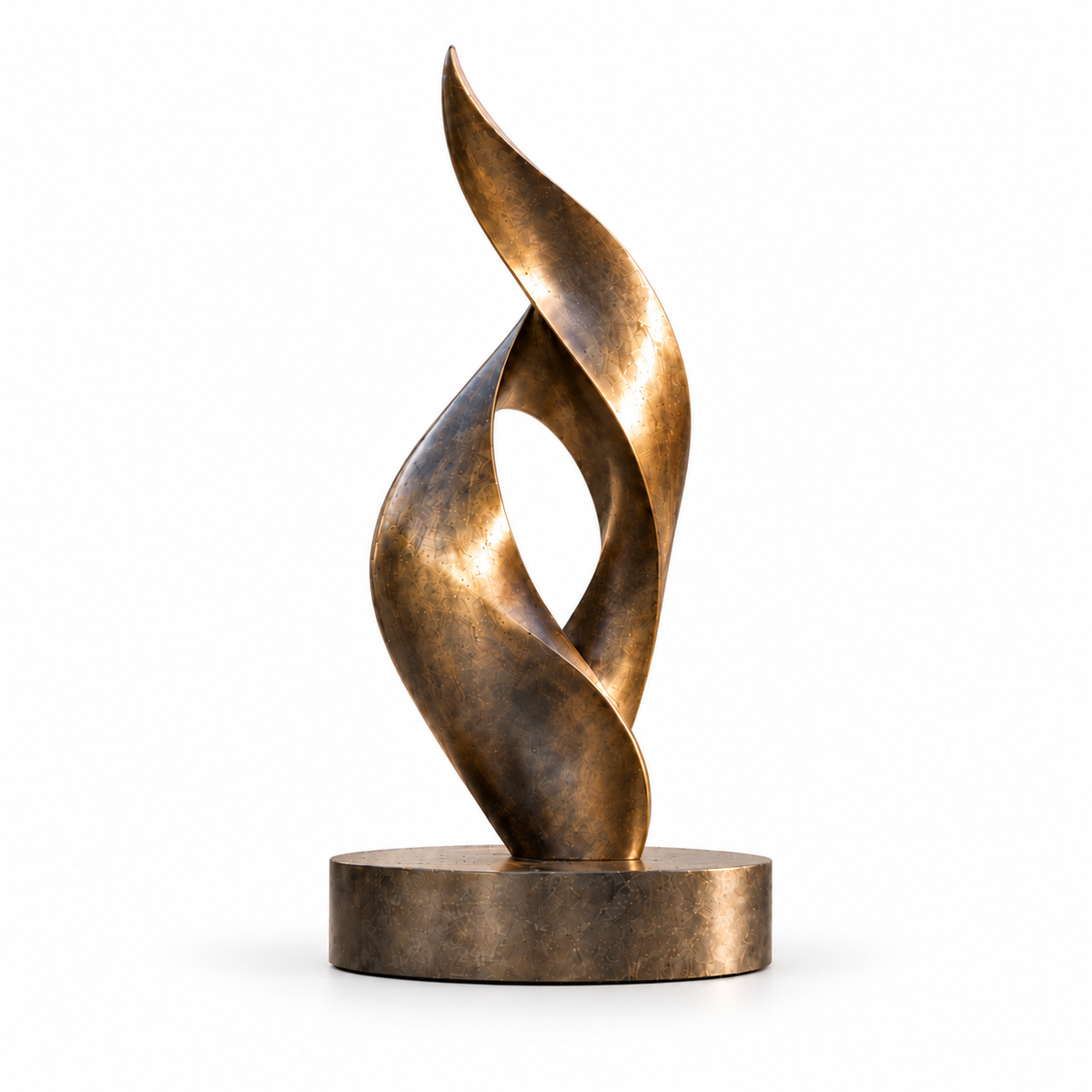 Ascending Ember bronze abstract flame sculpture featuring flowing twisted forms and a central open space on a round base against a white background.