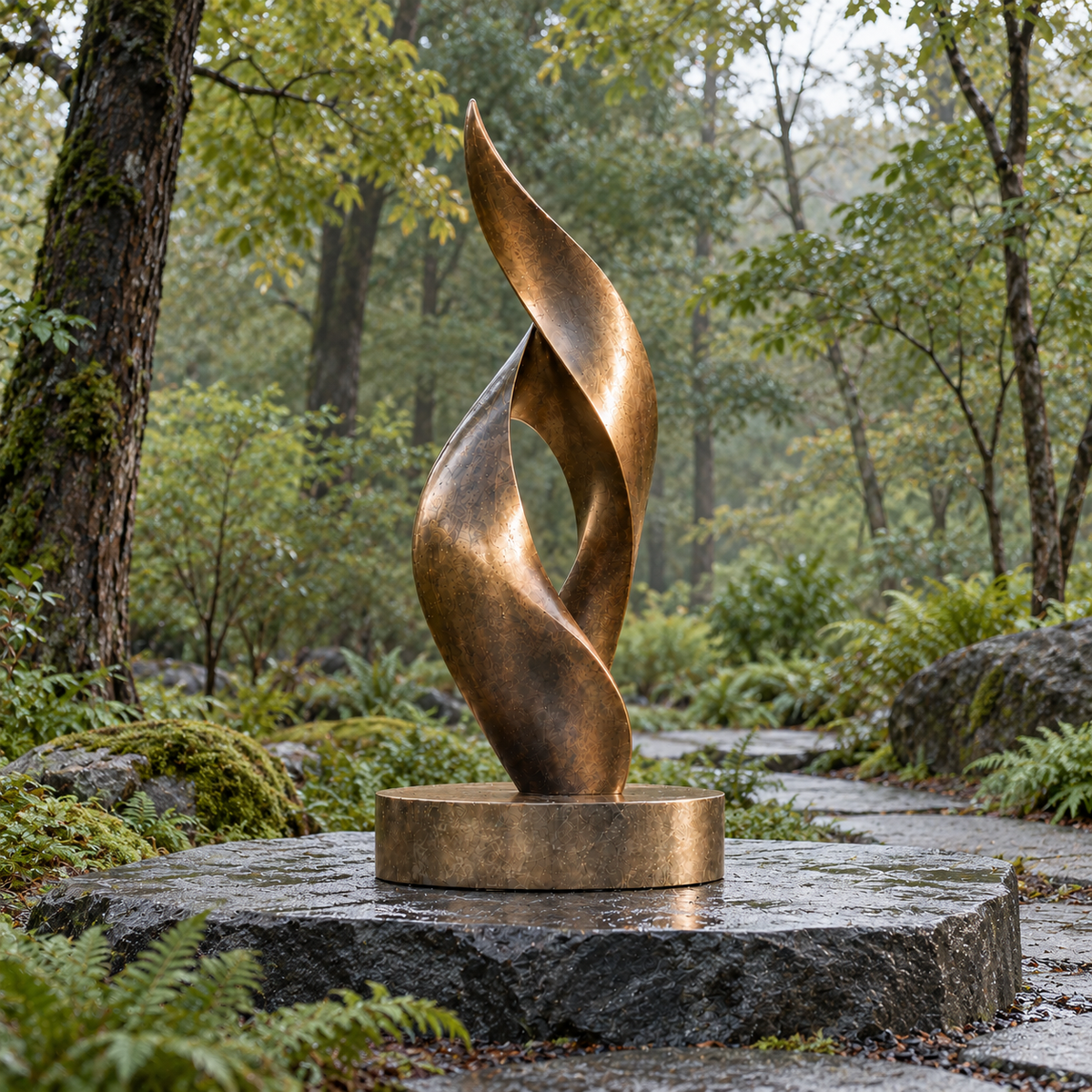 Ascending Ember Bronze Abstract Flame Sculpture displayed beside a woodland stone path.