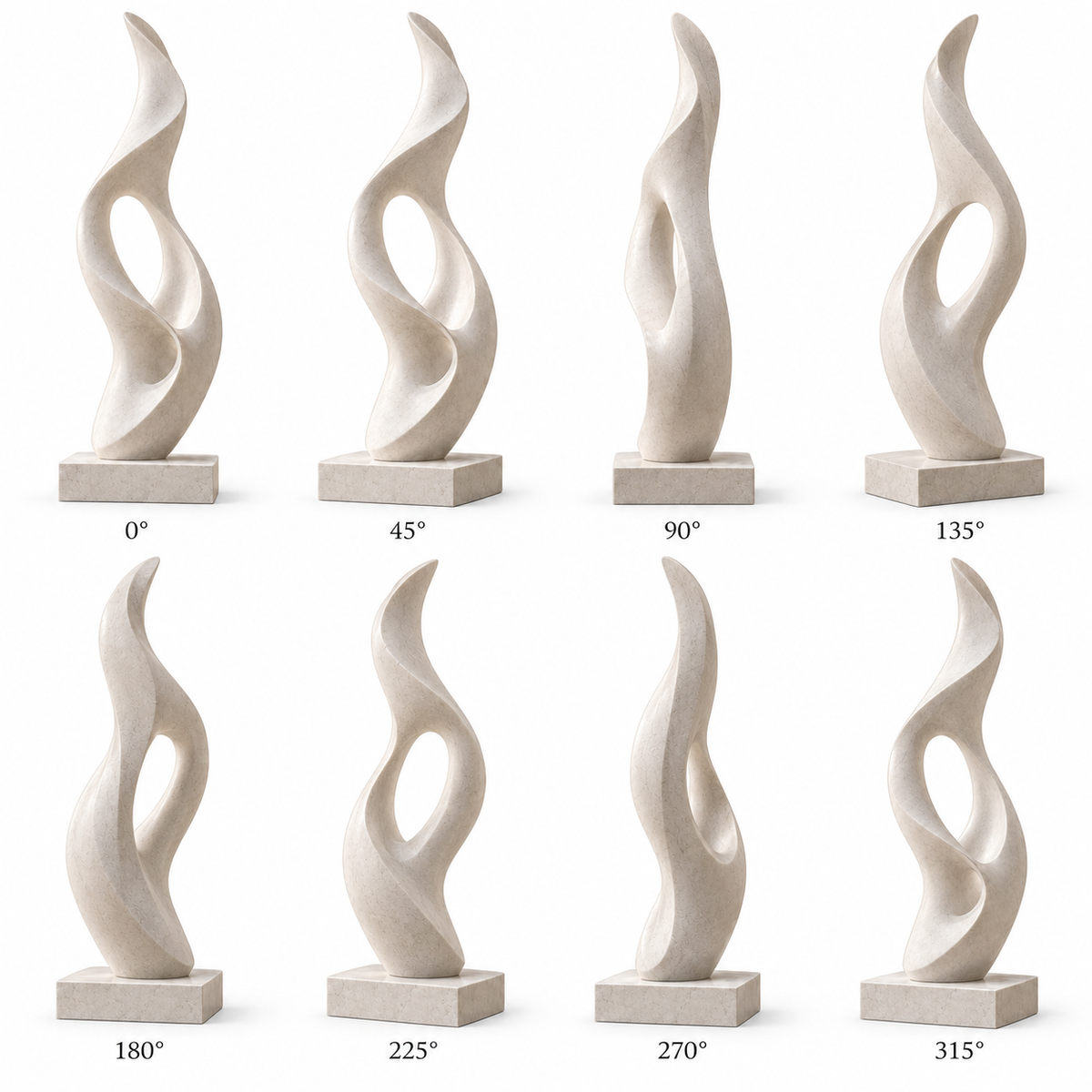 360 degree views of Ascending Flame white marble abstract sculpture from eight angles