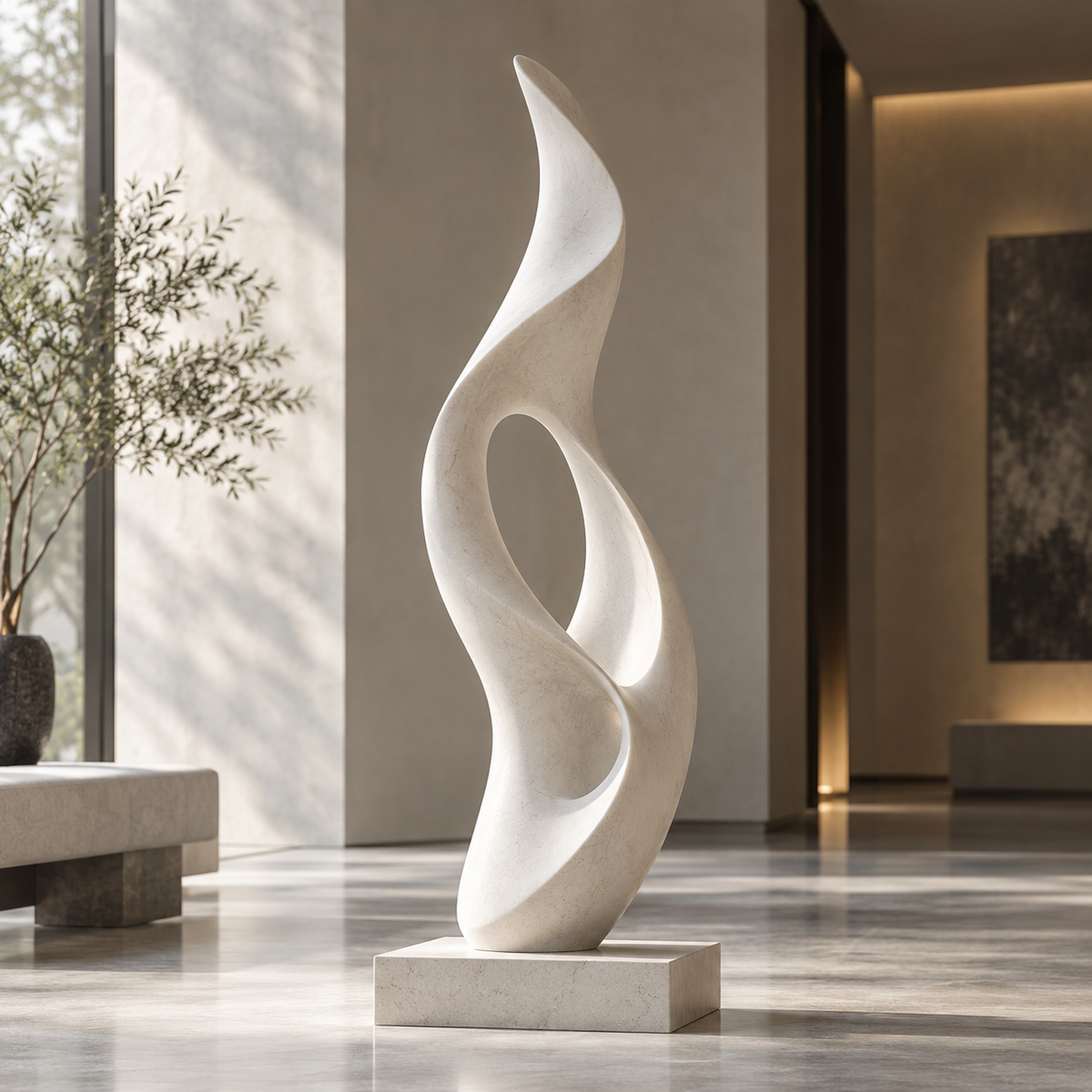 Ascending Flame white marble abstract sculpture displayed in a contemporary luxury interior