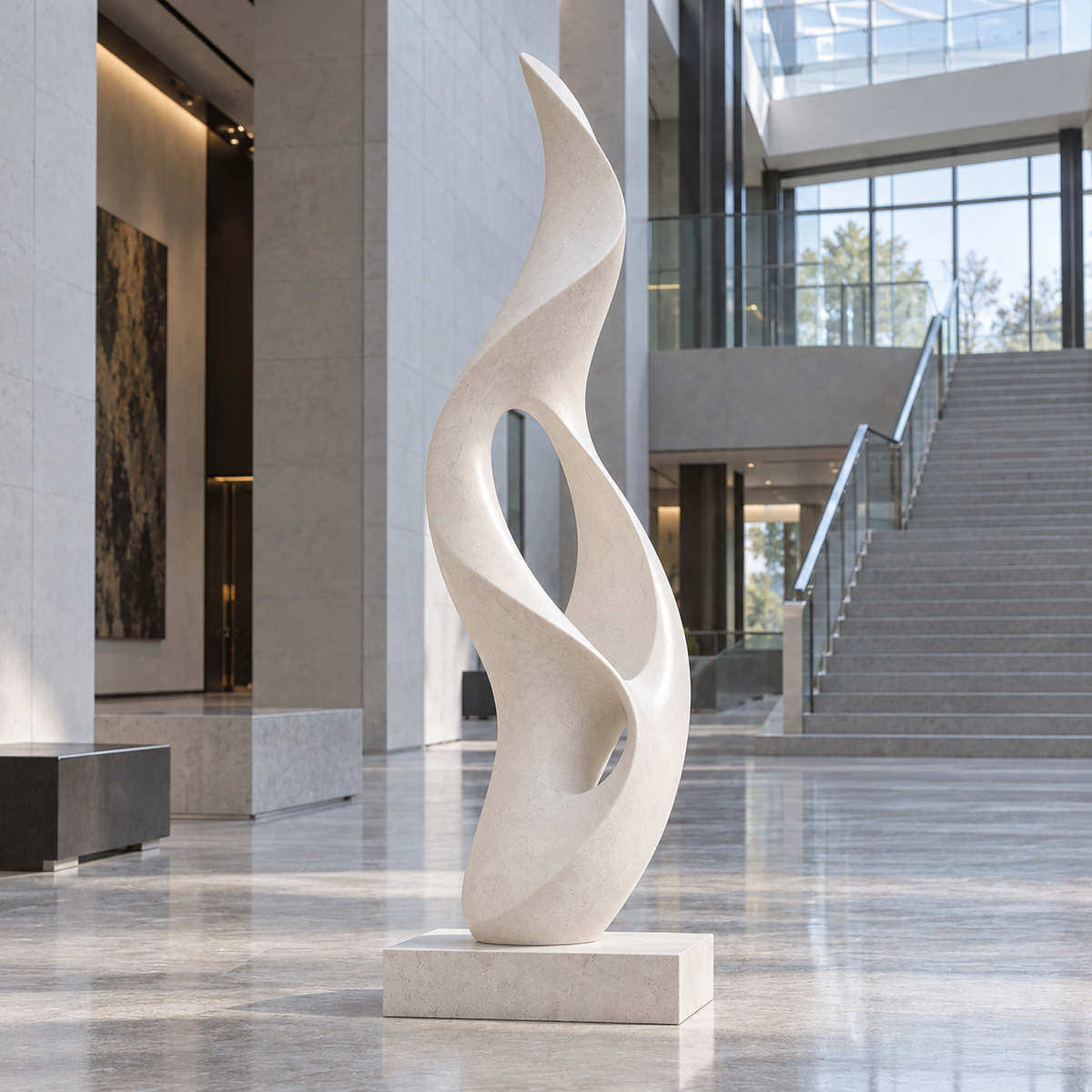 Ascending Flame white marble abstract sculpture with twisting curves on a stone pedestal in a bright atrium.