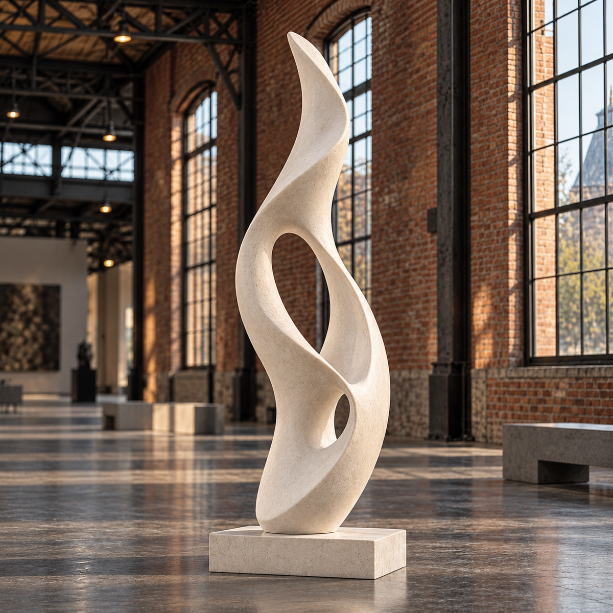 Ascending Flame white marble abstract sculpture on a stone pedestal in a brick interior with tall windows.