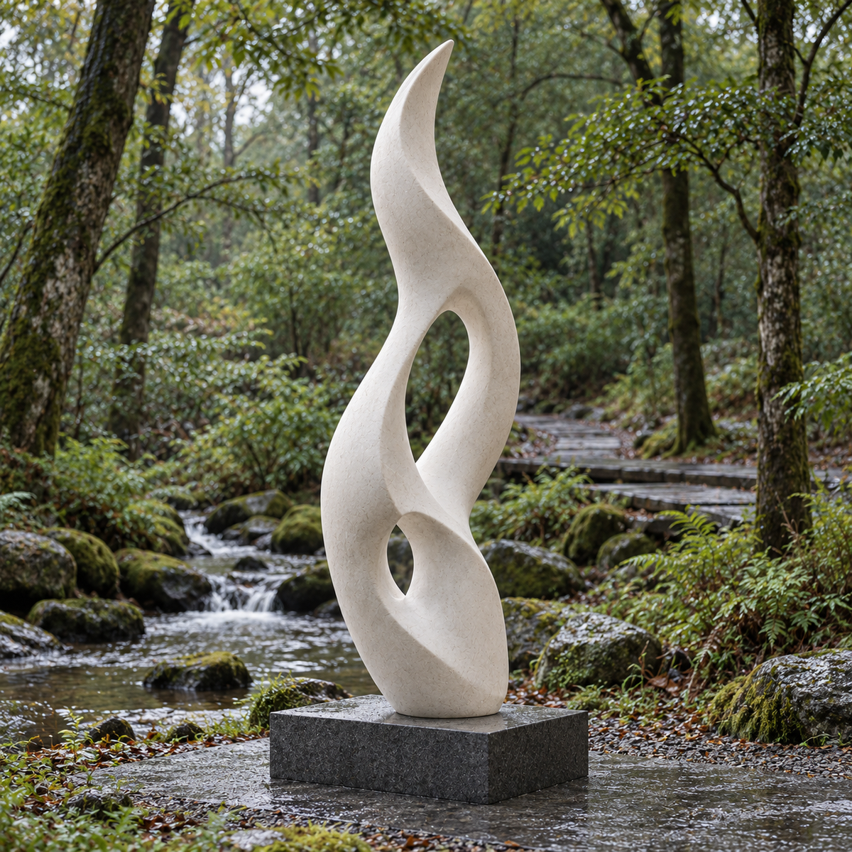 Ascending Flame white marble abstract sculpture on a stone base beside a woodland stream.