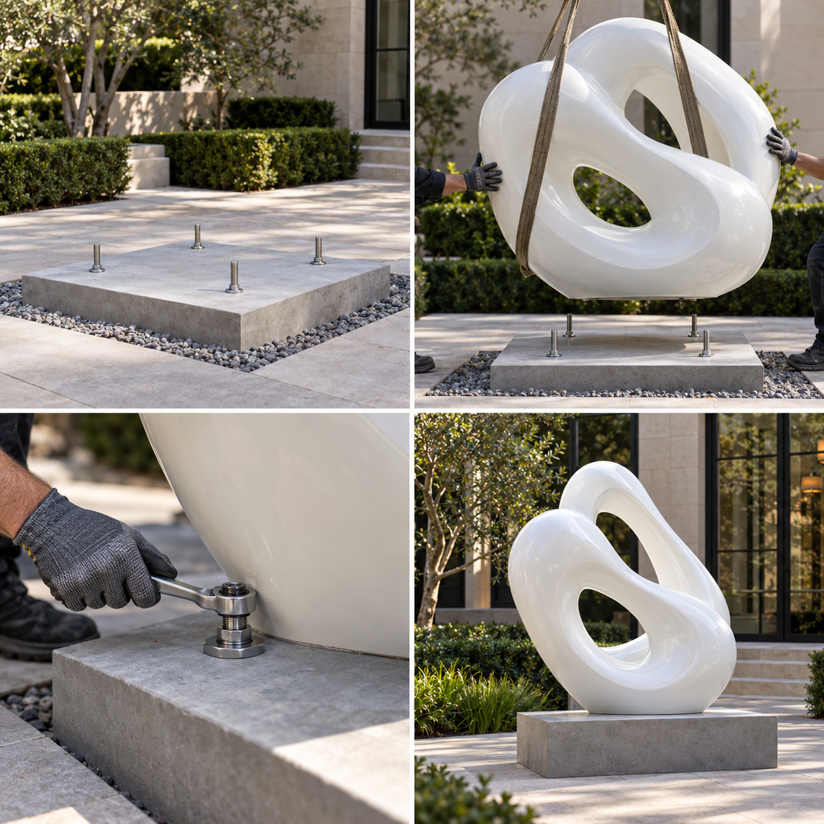 Four views of a sculpture foundation, white sculpture placement and anchoring.