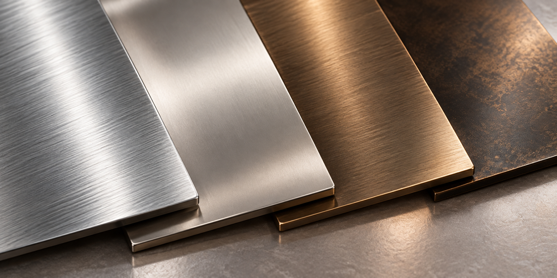 Brushed metal finish samples in silver, bronze and dark tones.