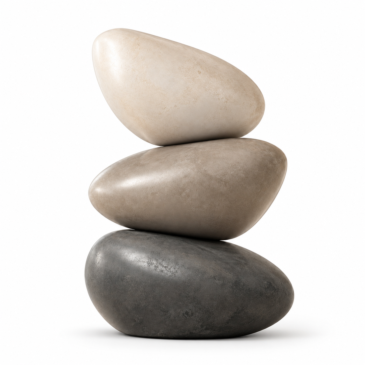 Three stacked fiberglass pebble forms in ivory taupe and charcoal stone finishes on a white background