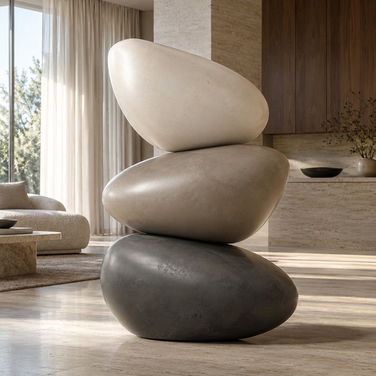Balanced Stillness stone-finish fiberglass stacked pebble sculpture displayed in a minimalist luxury interior