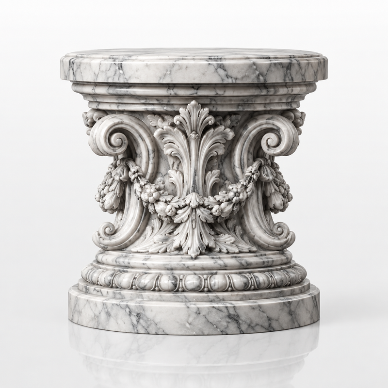 Baroque round white marble sculpture pedestal base with acanthus scroll carvings