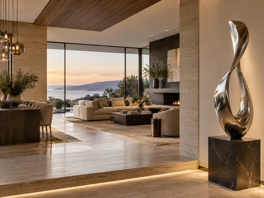 Reflective abstract sculpture on a pedestal in a living room overlooking mountains.