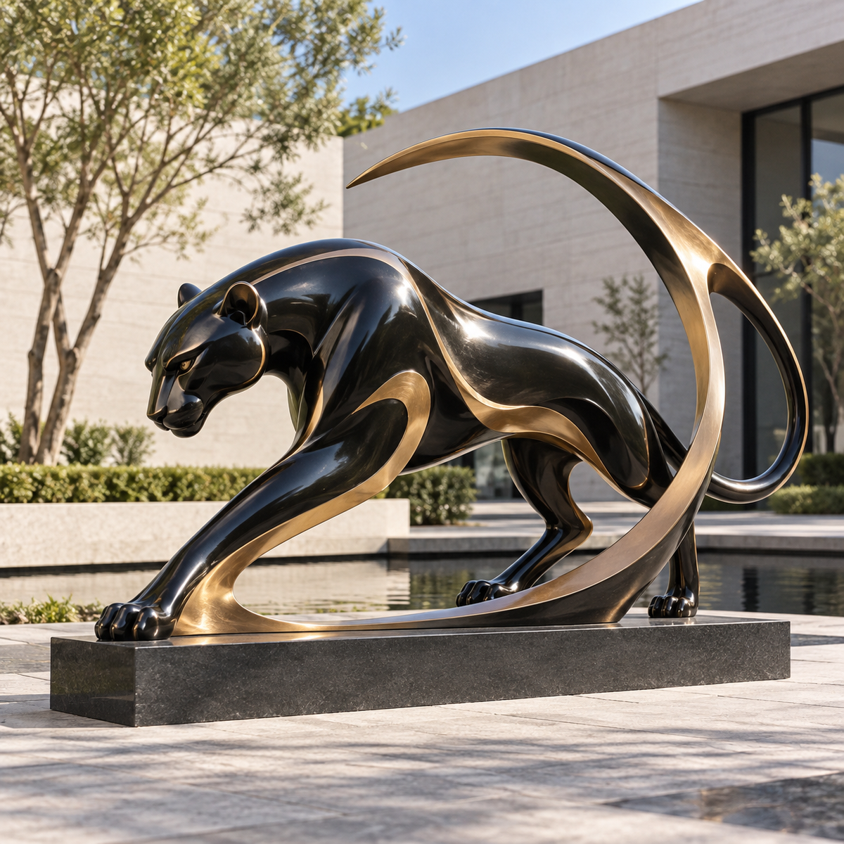 Black and gold fiberglass panther sculpture displayed in a modern outdoor courtyard with contemporary architecture and natural landscaping.