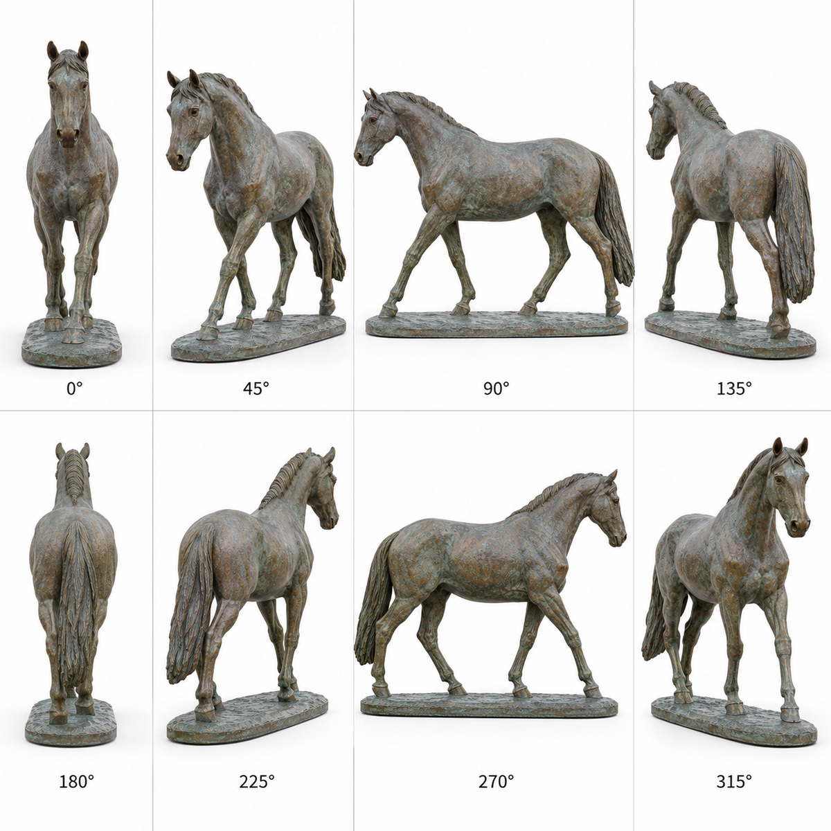 Eight labeled front, side and rear views of Bracken Walk verdigris bronze walking horse sculpture.