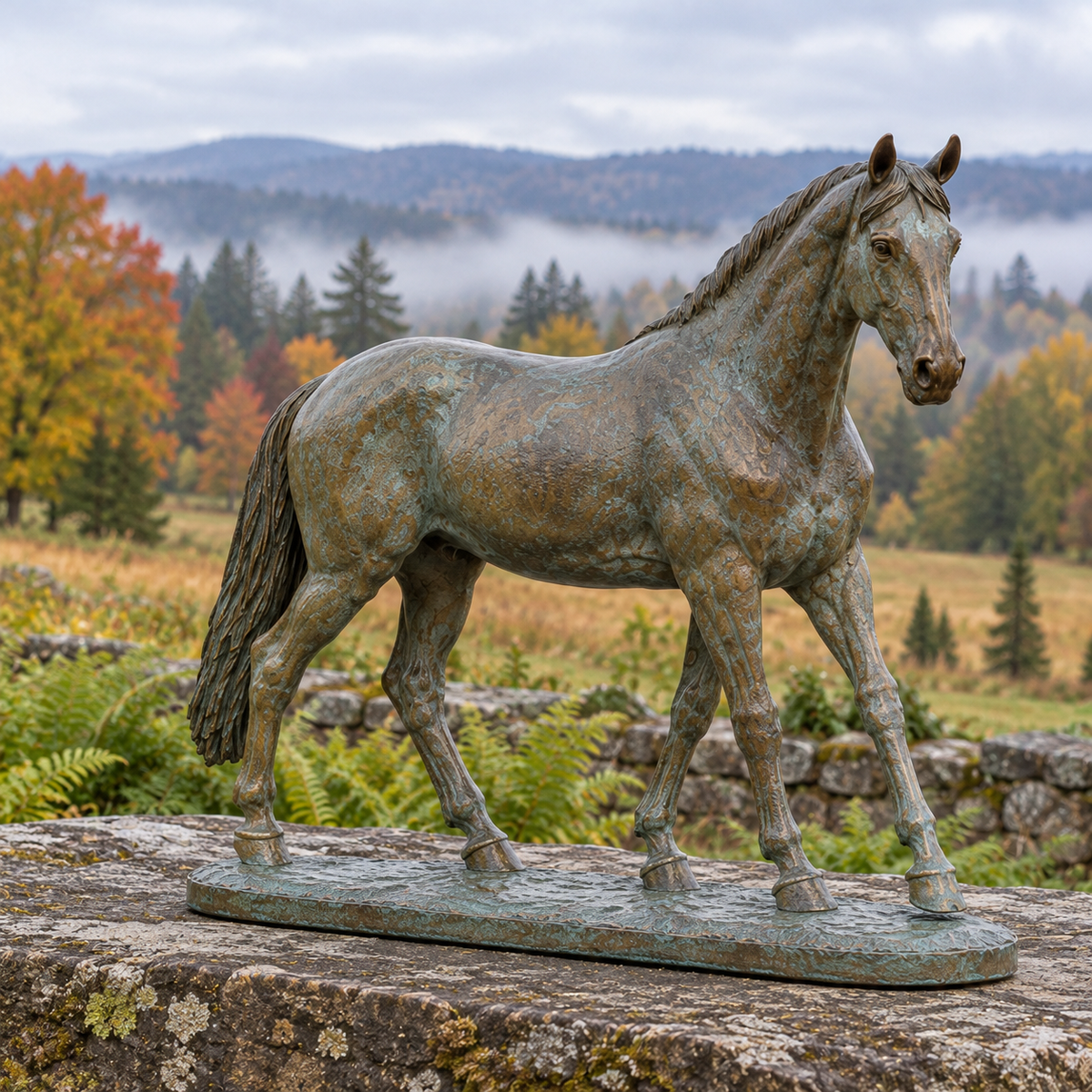 Opposite front three-quarter view of Bracken Walk verdigris bronze walking horse sculpture in a different garden setting.