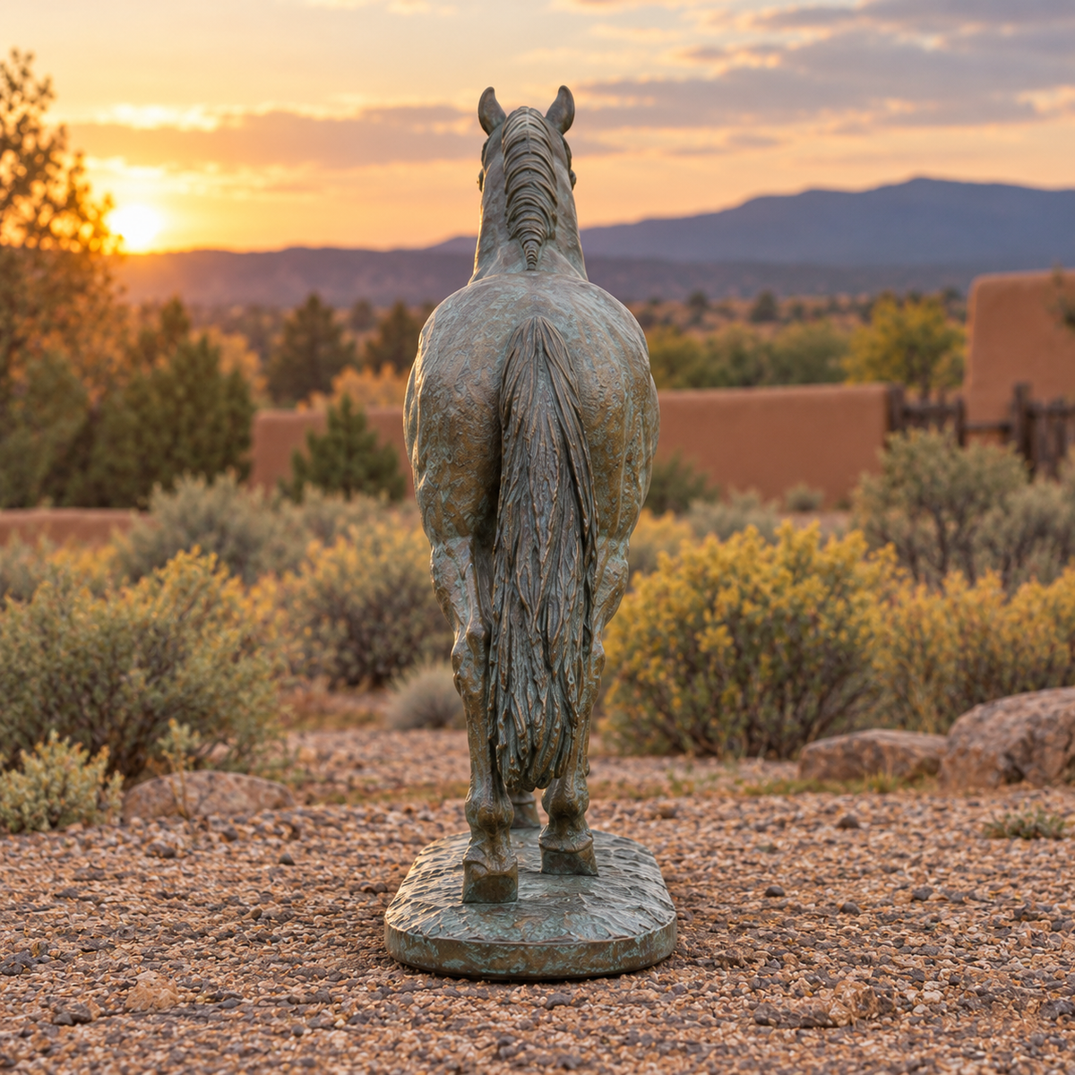 Rear view of Bracken Walk verdigris bronze walking horse sculpture showing the back and integral base.