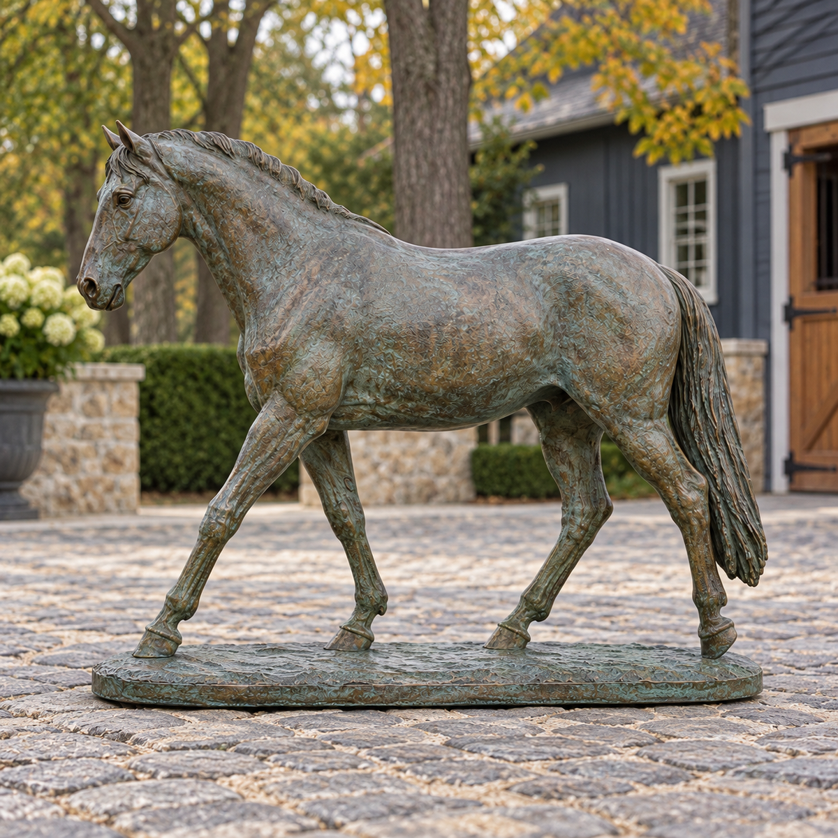 Side view of Bracken Walk verdigris bronze walking horse sculpture in a different outdoor setting.