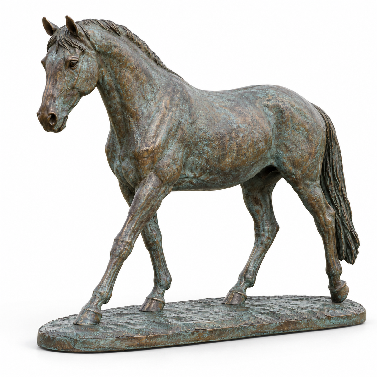 Bracken Walk verdigris bronze walking horse sculpture isolated on white with its integral base.