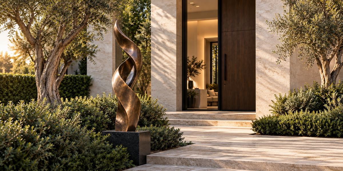 Bronze abstract sculpture on a dark pedestal near a residential entrance.
