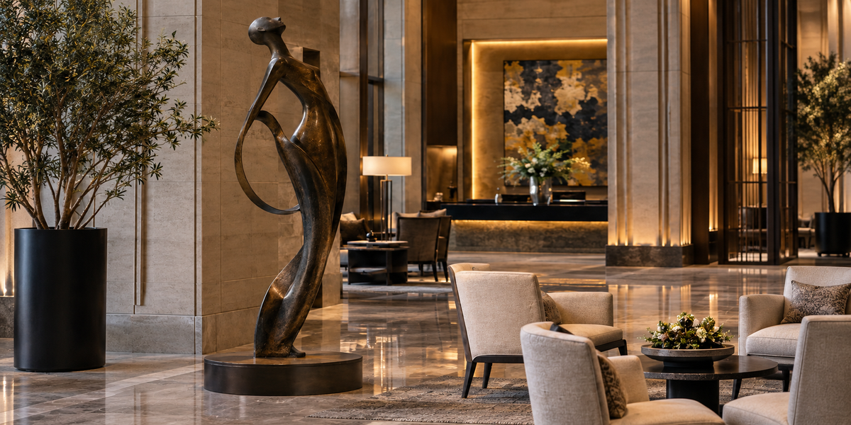 Slender bronze figurative sculpture on a pedestal in an elegant lobby.