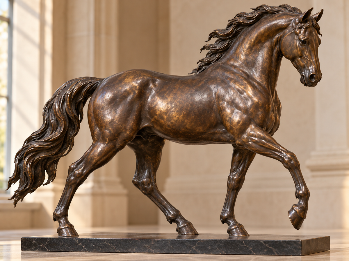 Bronze horse sculpture with a flowing mane on a dark stone base.