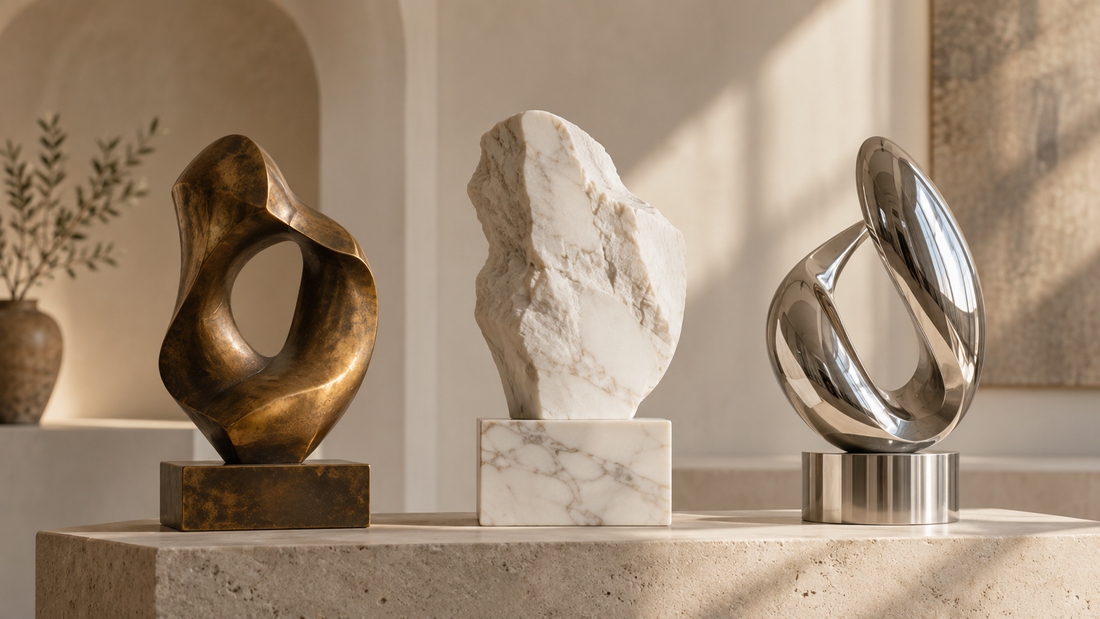 Bronze, marble, and stainless steel sculptures displayed together for a visual comparison of popular sculpture materials.