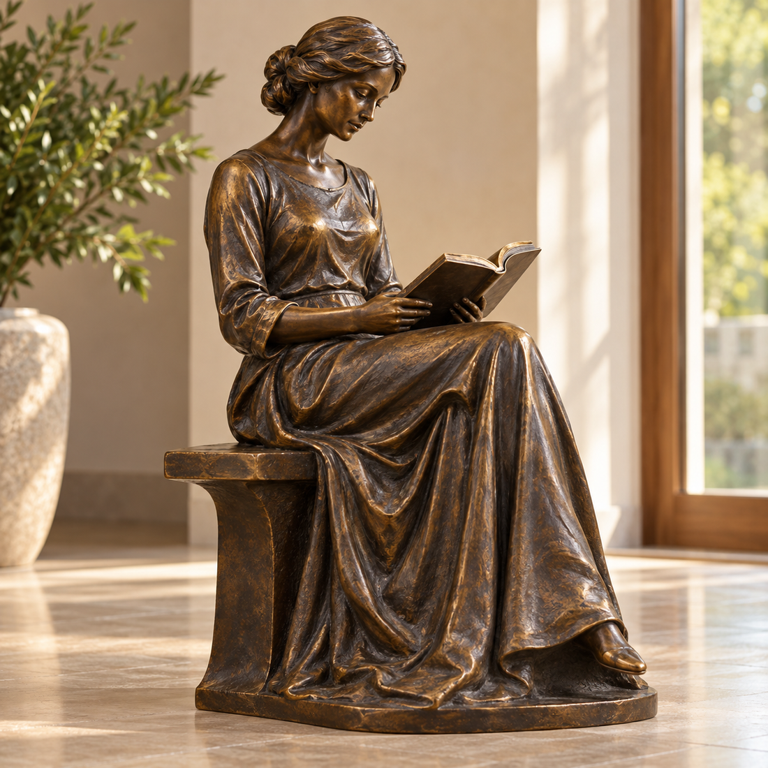 Bronze sculpture of a seated woman reading a book in a refined interior.