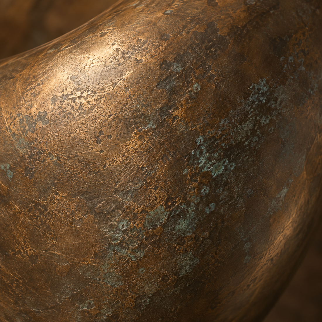 Close-up of a bronze sculpture surface showing layered patina, texture, and aged metal finish details.