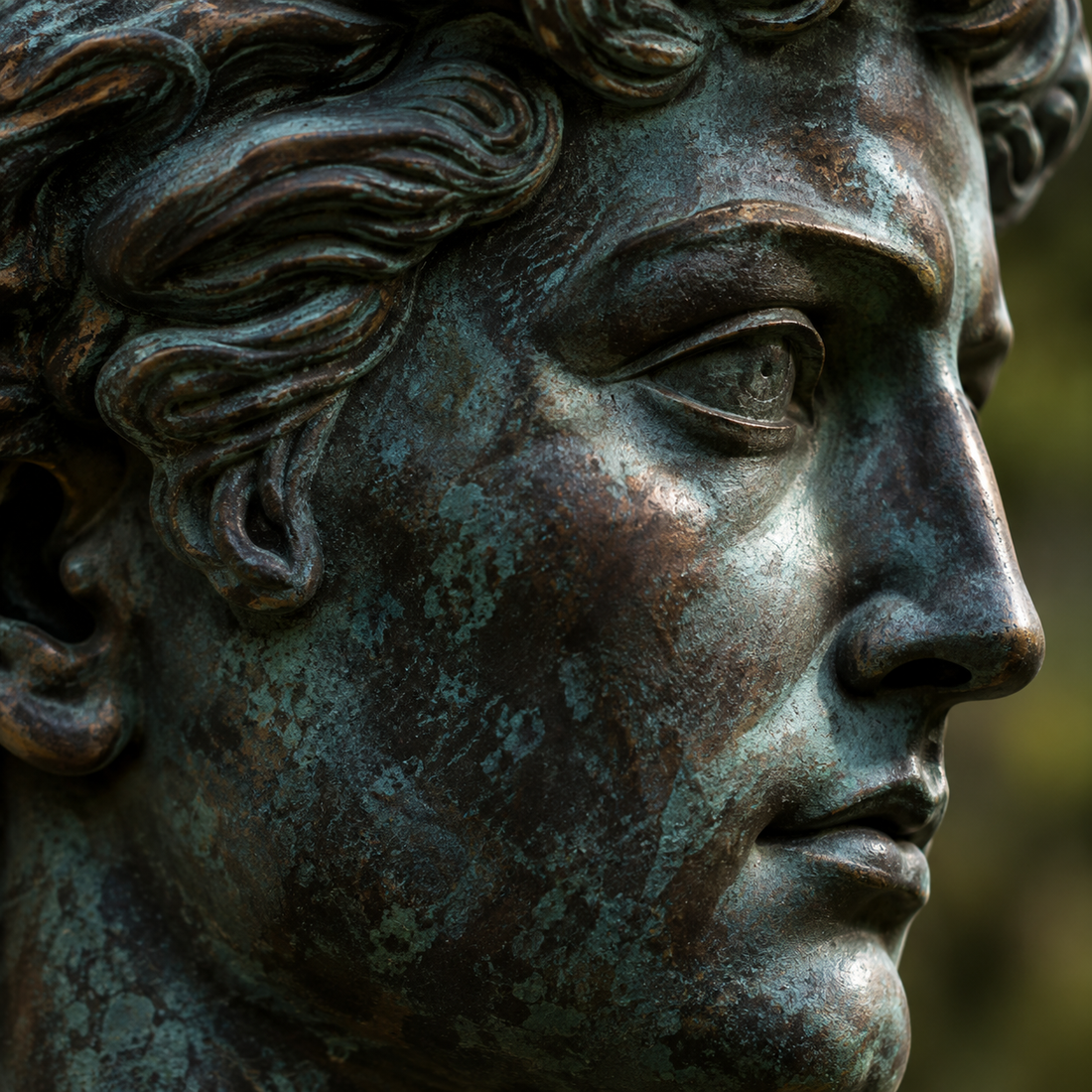 Close-up of a bronze sculpture face showing an aged green patina and natural surface variation.