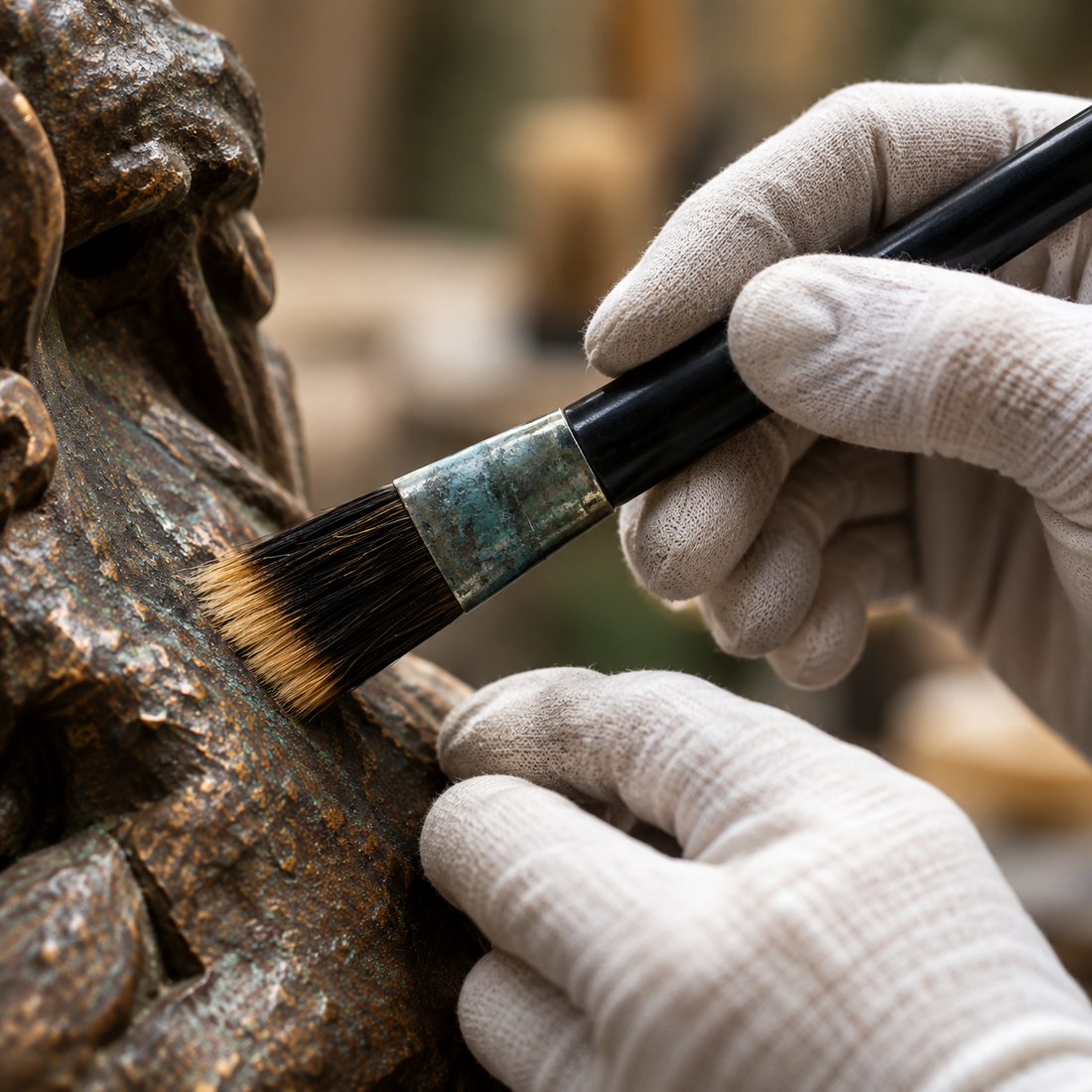 Gloved hands applying a surface finish to a bronze sculpture with a brush during the patina finishing process.