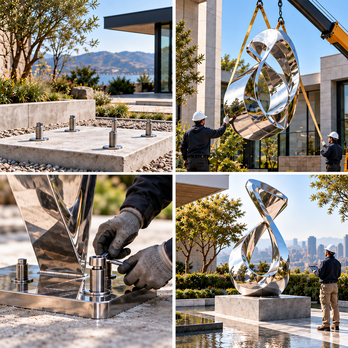 Four views of preparing a metal sculpture base, lifting, anchoring and placement.