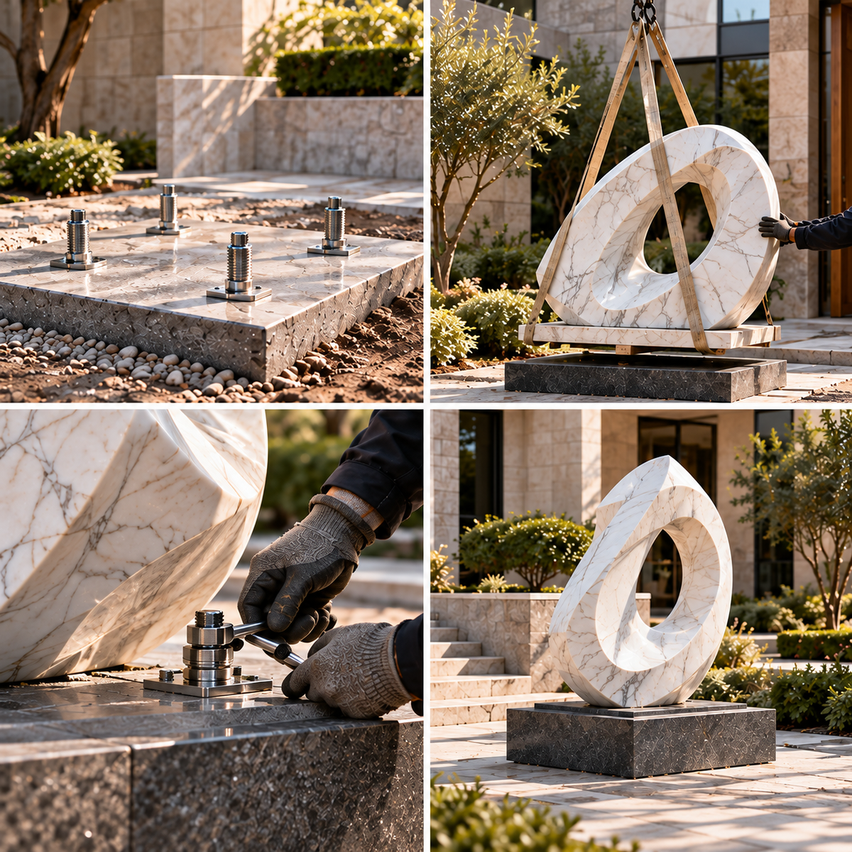 Four views of preparing a marble sculpture base, lifting, anchoring and placement.