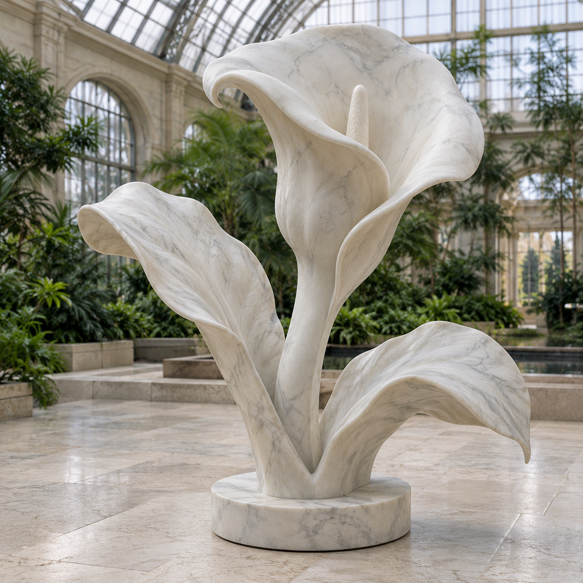 Calla of Continuance White Marble Calla Lily Memorial sculpture in an architectural setting