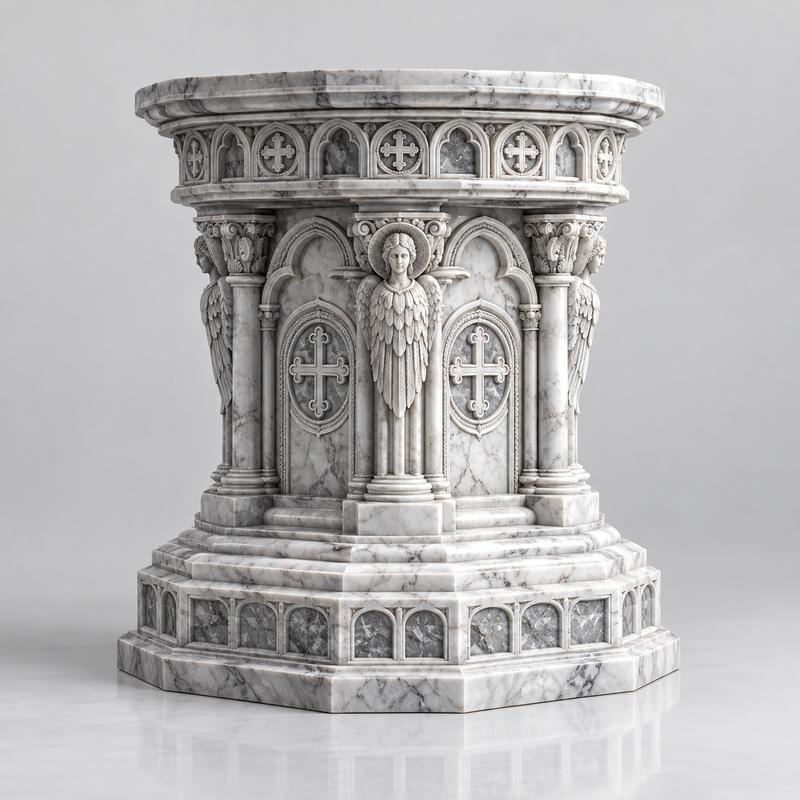 Cathedral style white marble round sculpture pedestal base with arched panel carvings