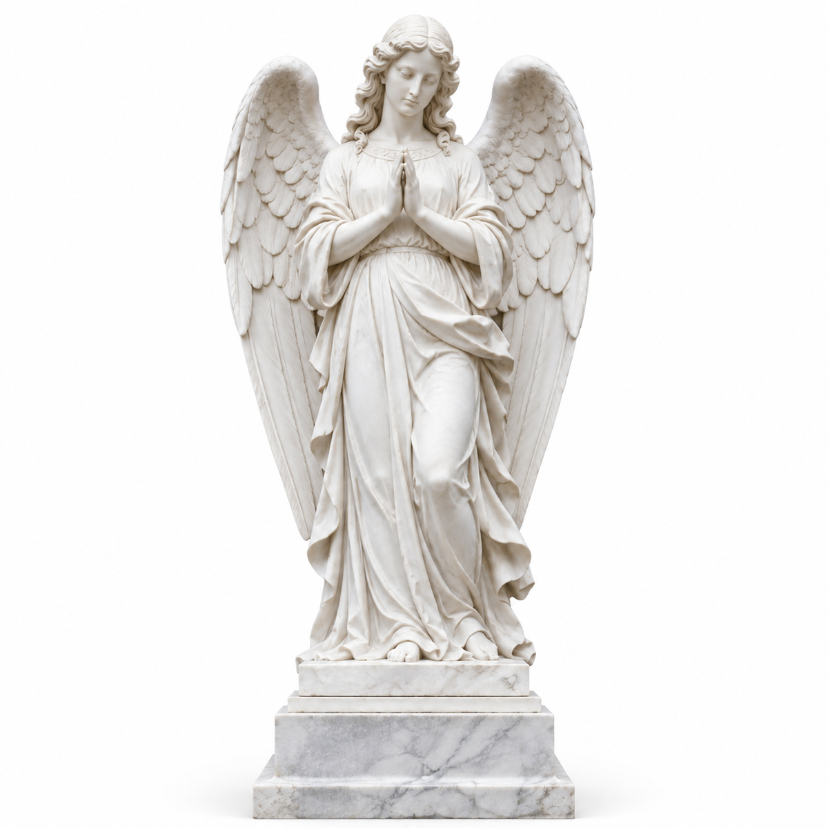 White marble praying angel sculpture with feathered wings and flowing robes on a white background