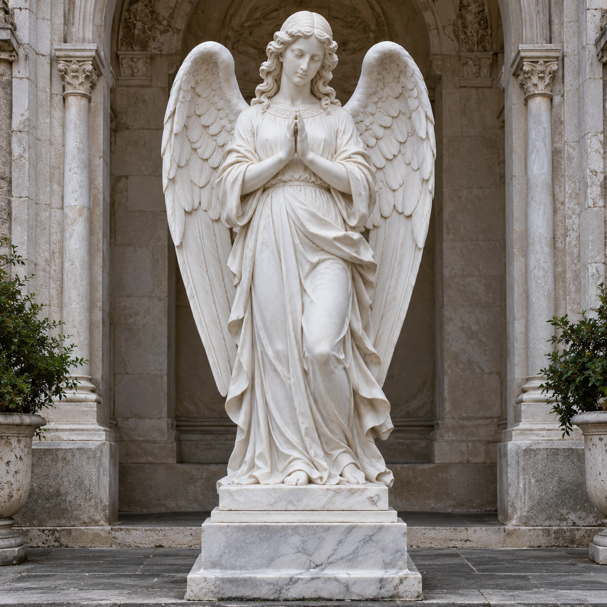 Celestial Prayer white marble praying angel sculpture displayed in a classical church courtyard