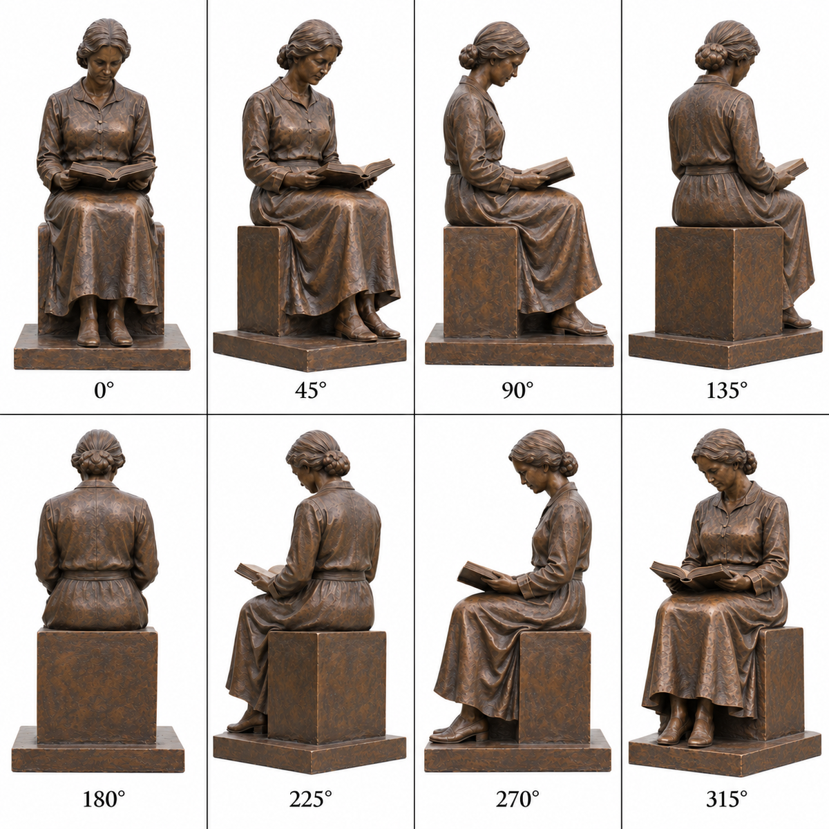 Eight labeled 360-degree views of Chapter in Sunlight bronze seated reader sculpture on a pure white background.