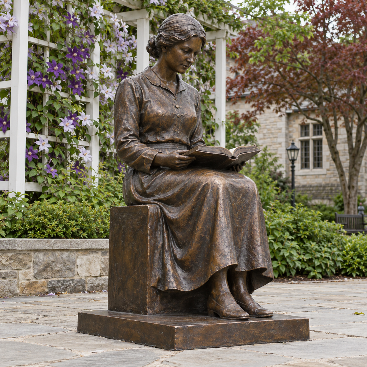 Chapter in Sunlight bronze seated reader sculpture photographed in natural light.