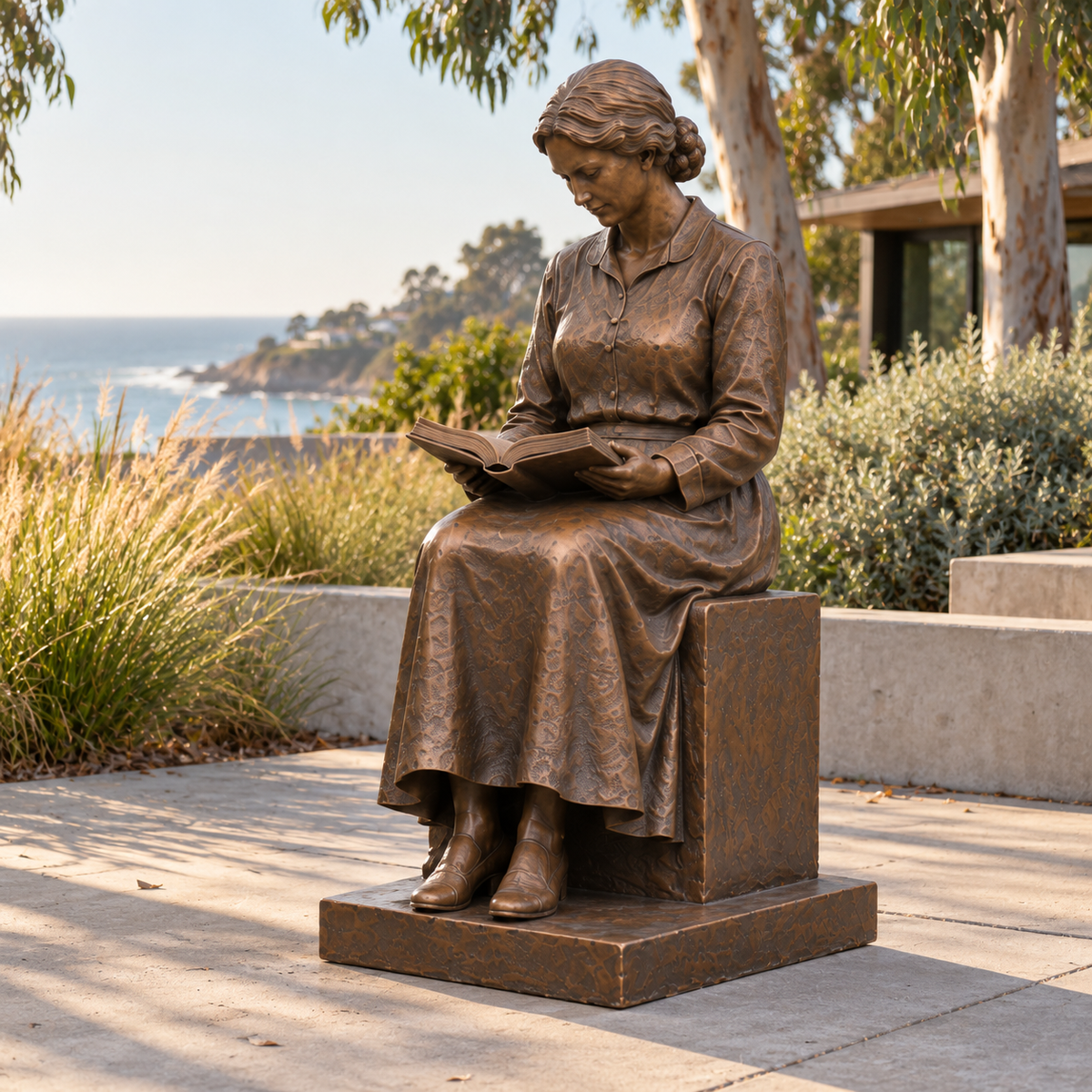 Opposite front three-quarter view of Chapter in Sunlight bronze seated reader sculpture in a separate natural-light setting.