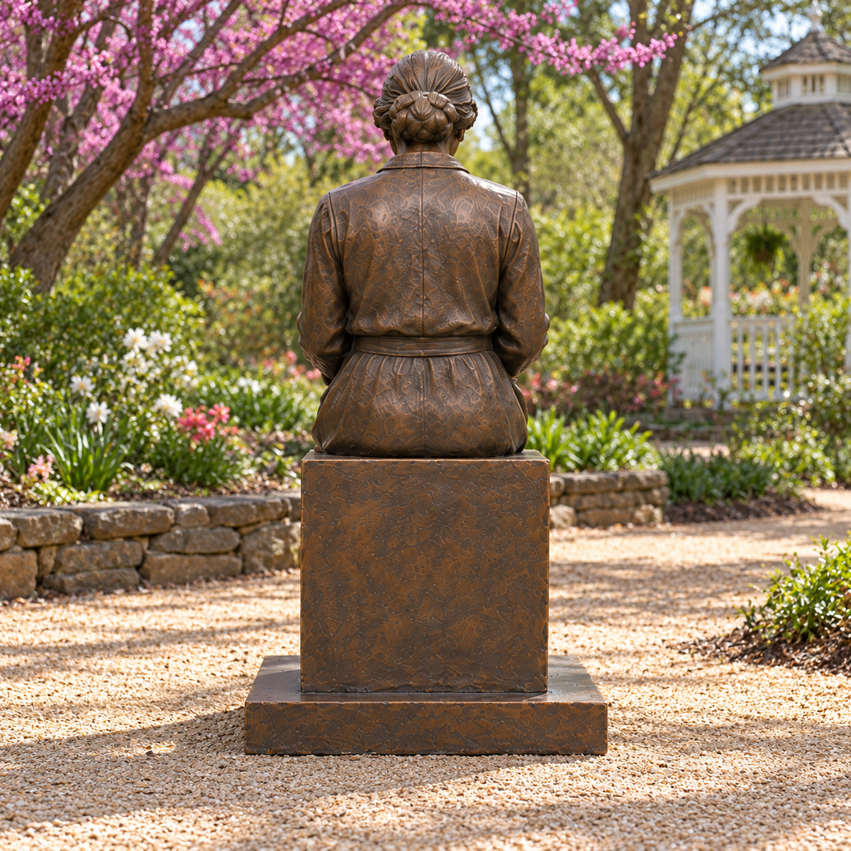 Rear view of Chapter in Sunlight bronze seated reader sculpture, showing its back and base.