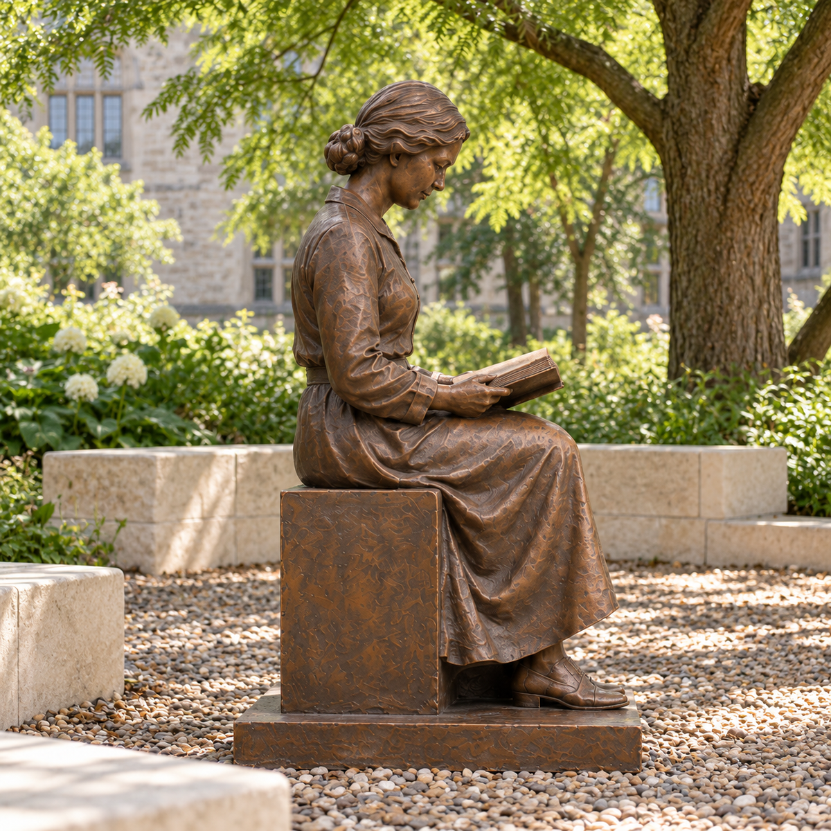 Side profile of Chapter in Sunlight bronze seated reader sculpture in a different architectural or garden setting.