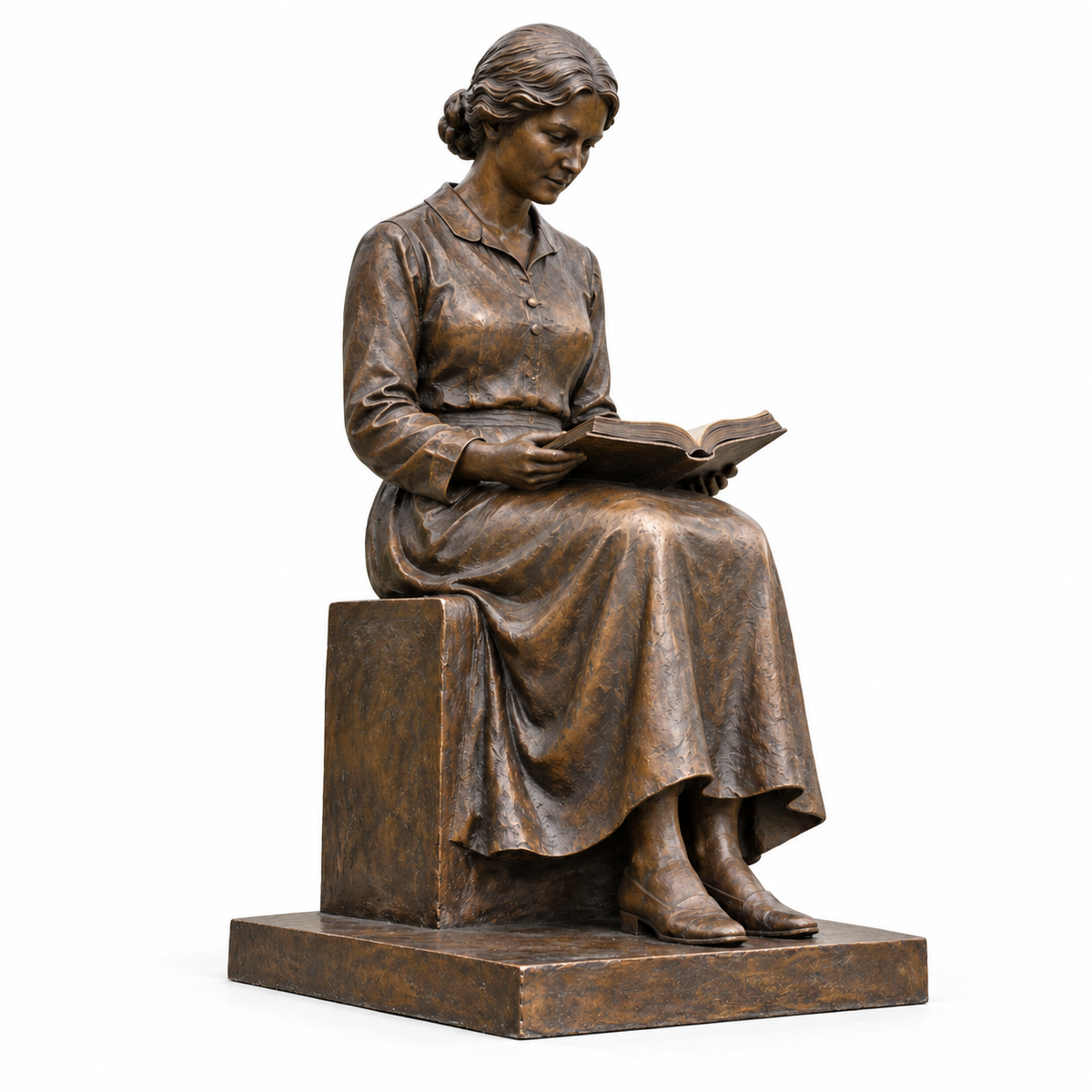 Chapter in Sunlight bronze seated reader sculpture on a pure white background with its base and natural contact shadow.