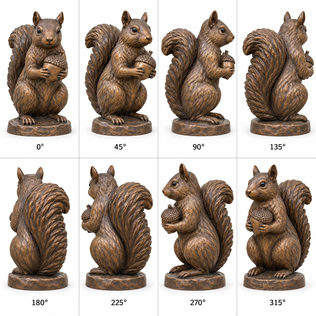 Chestnut Keeper Warm Bronze Seated Squirrel with Acorn sculpture, eight views on a white background at 0, 45, 90, 135, 180, 225, 270 and 315 degrees.